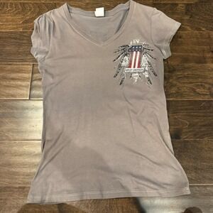 y2K Harley Davidson Womens V Neck T Shirt Gray Eagle Wings Graphic Print Medium